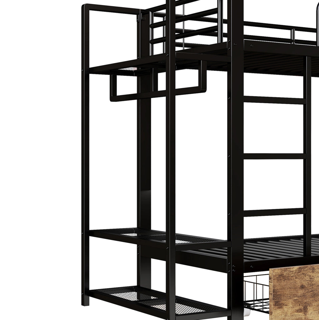 Letto a castello 90x200 cm in metallo e MDF con LED; 2 cassetti; ripiani e barra appendiabiti; nero