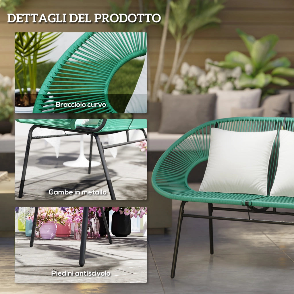 Divano da Giardino 2 Posti in Rattan PE e Acciaio con Cuscini e Braccioli, 132x72x83 cm, Verde