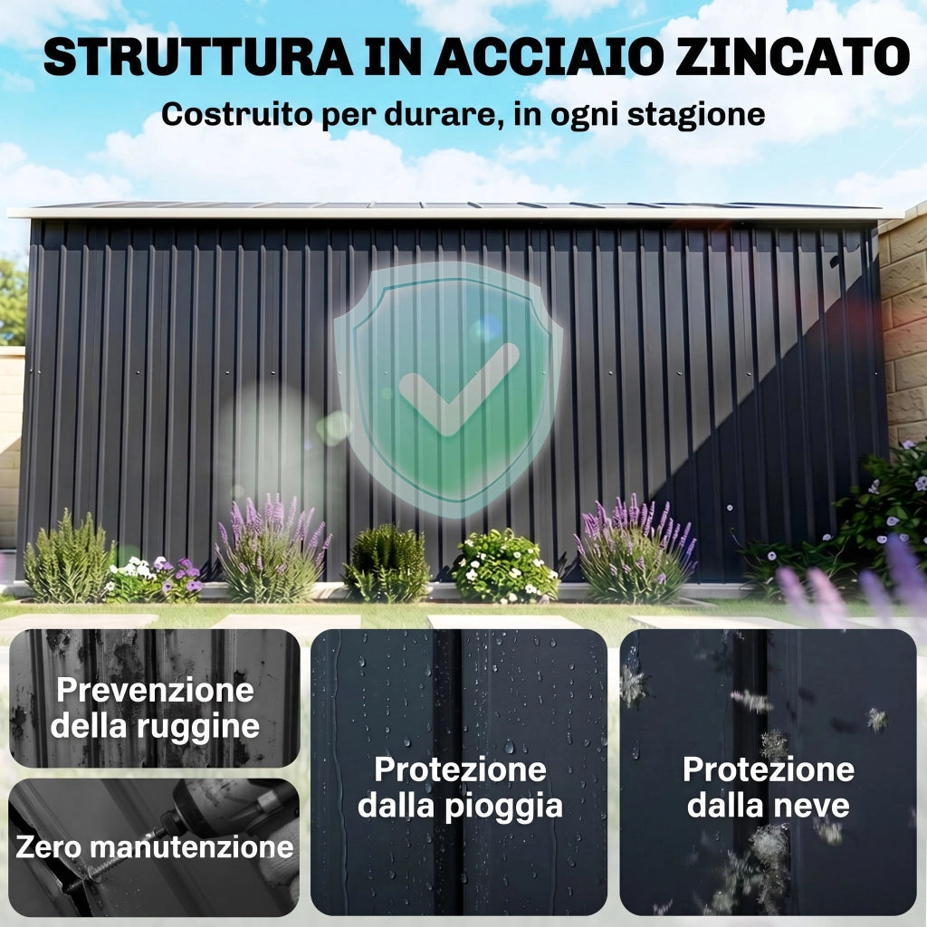 Casetta da Giardino 12.4m2 in Acciaio Zincato con kit Fondazione, Prese d'Aria, Capanno da Giardino con Tetto Inclinato, Grigio