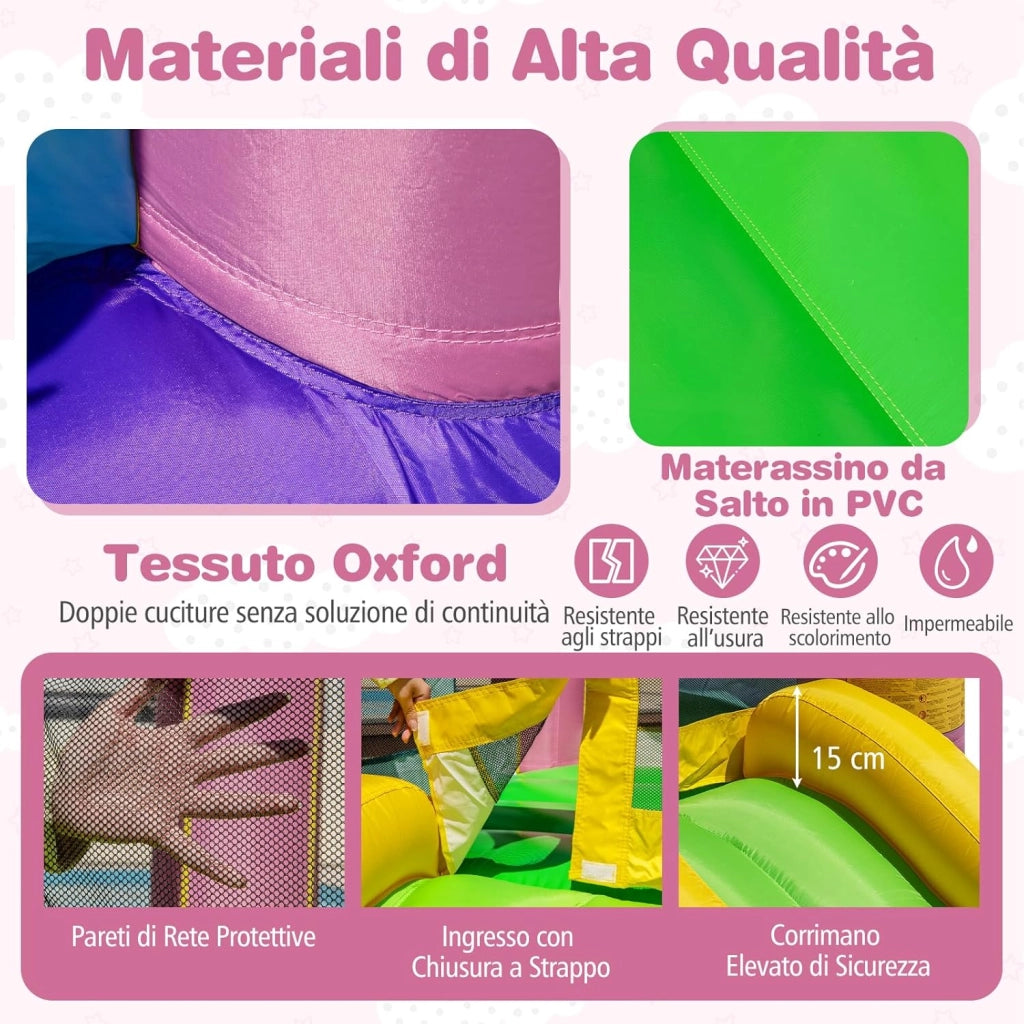 Castello Gonfiabile per Bambini, Castello con Trampolino, Scivolo e Canestro da Basket, Casa Gonfiabile Senza Ventilatore per Feste di Compleanno e Matrimonio, 240 x 174 x 143 cm