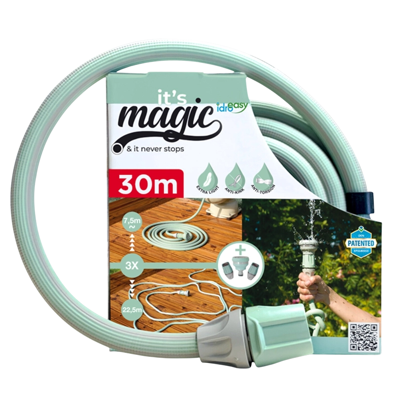 Idroeasy, Tubo Estensibile da Giardino 30 Metri con Doccetta 6 Funzioni e Raccordi, Tubo Giardino 1/2” Antitorsione e Antinodo,Estensibile Fino a 3 Volte la sua lunghezza Iniziale, Made In Italy