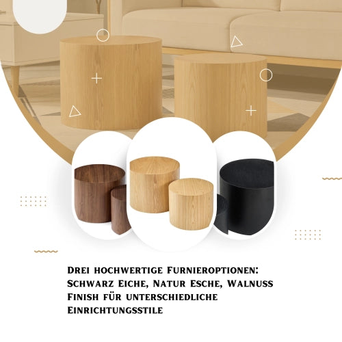 Set 2 Tavolini da Caff¨¨ Rotondi Impilabili ¨C MINIMAL ¨C Legno Naturale/Nero/Noce, ?48x38 + ?38x32 cm