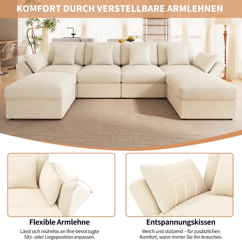 Divano modulare 4-6 posti in velluto a coste beige con pouf