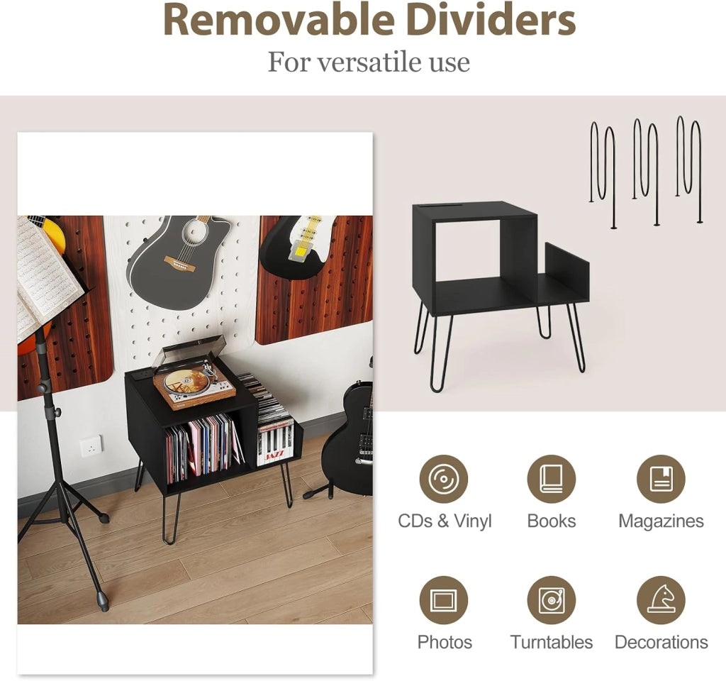 Supporto per Giradischi con Stazione di Ricarica, Porta Dischi Vinile Vintege con Pareti Divisorie e Ripiano Laterale, Espositore per Dischi in Vinile Fino a 145 Album, 66x45x67cm (Nero)
