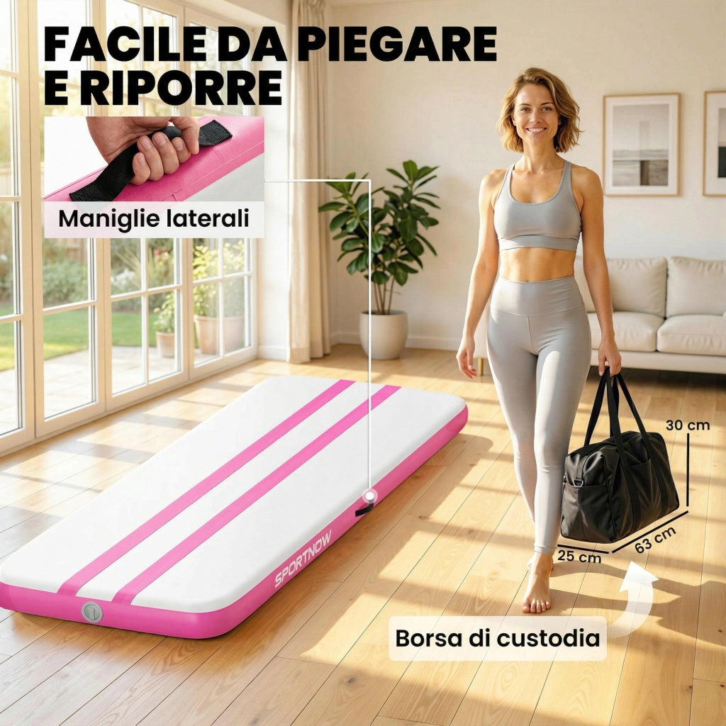 Tappetino Gonfiabile Ginnastica 305x102x10 cm con Pompa Elettrica e Borsa Trasporto in PVC Rosa