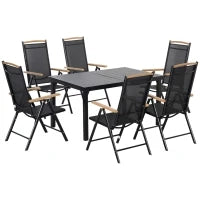 Set da Giardino Esterno per 6 Persone, Telaio in Alluminio, 6 Sedie Pieghevoli e Reclinabili, 140x90x74cm, Nero