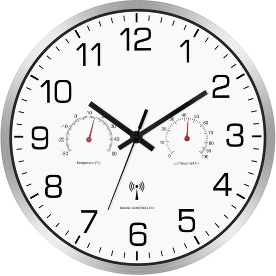 Orologio da Parete Radio Stile con Termometro e Umidificatore Radio Orologio da Parete Stile 30 cm Orologio da Parete Senza Suoni di Ticking Radio per Salotto, Cucina, Ufficio (Metallo)