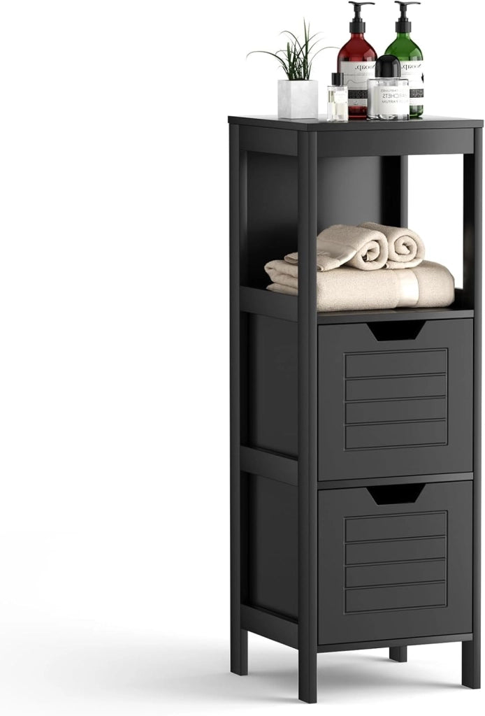 Armadietto da Bagno, Mobile di Legno Multifunzionale, con 2 Cassetti Rimovibili, Scaffale per Casa Ufficio Hotel, 30 x 30 x 89 cm (Nero)