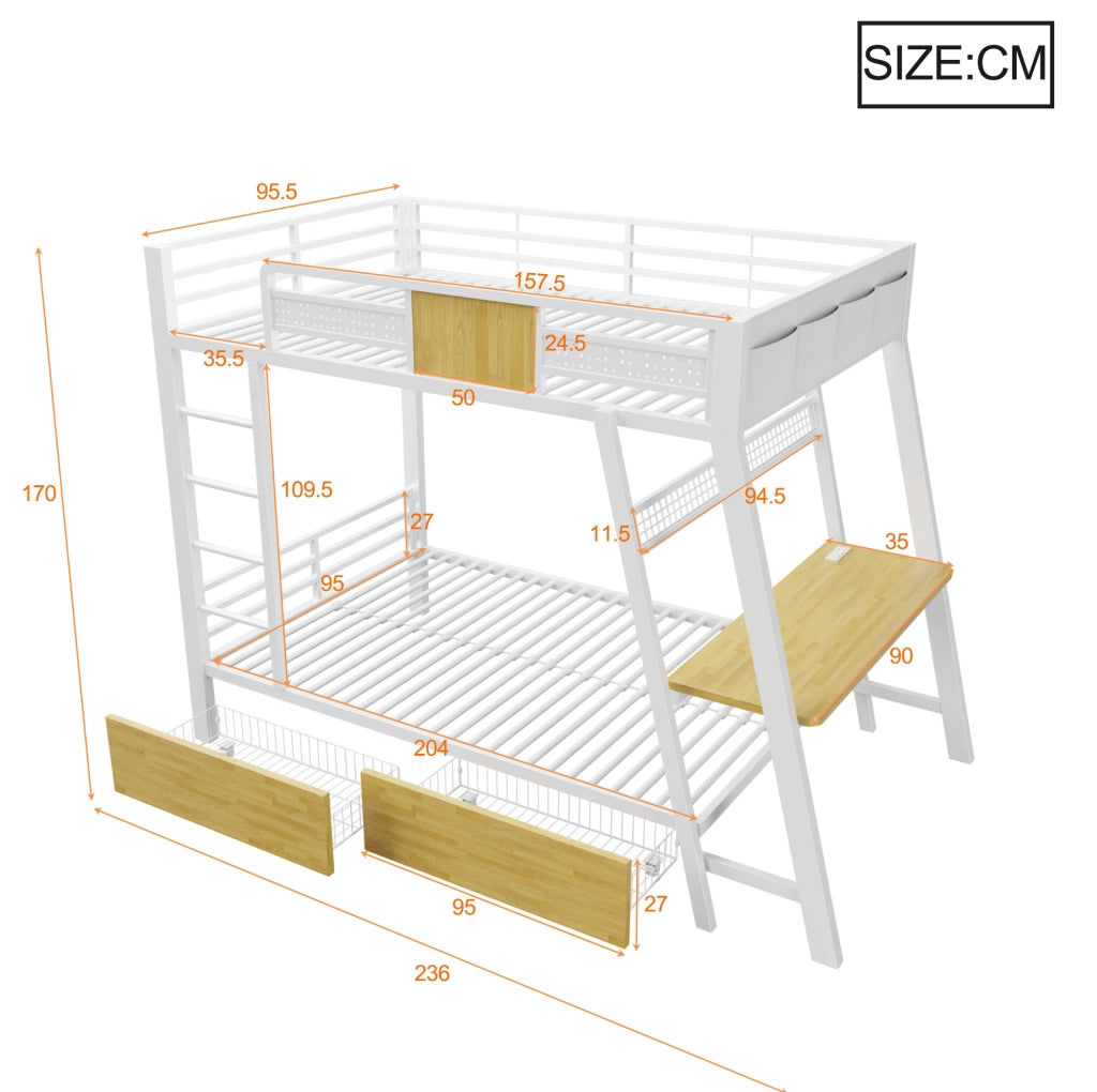 Letto a castello in metallo 90x200 cm con scrivania, LED e prese