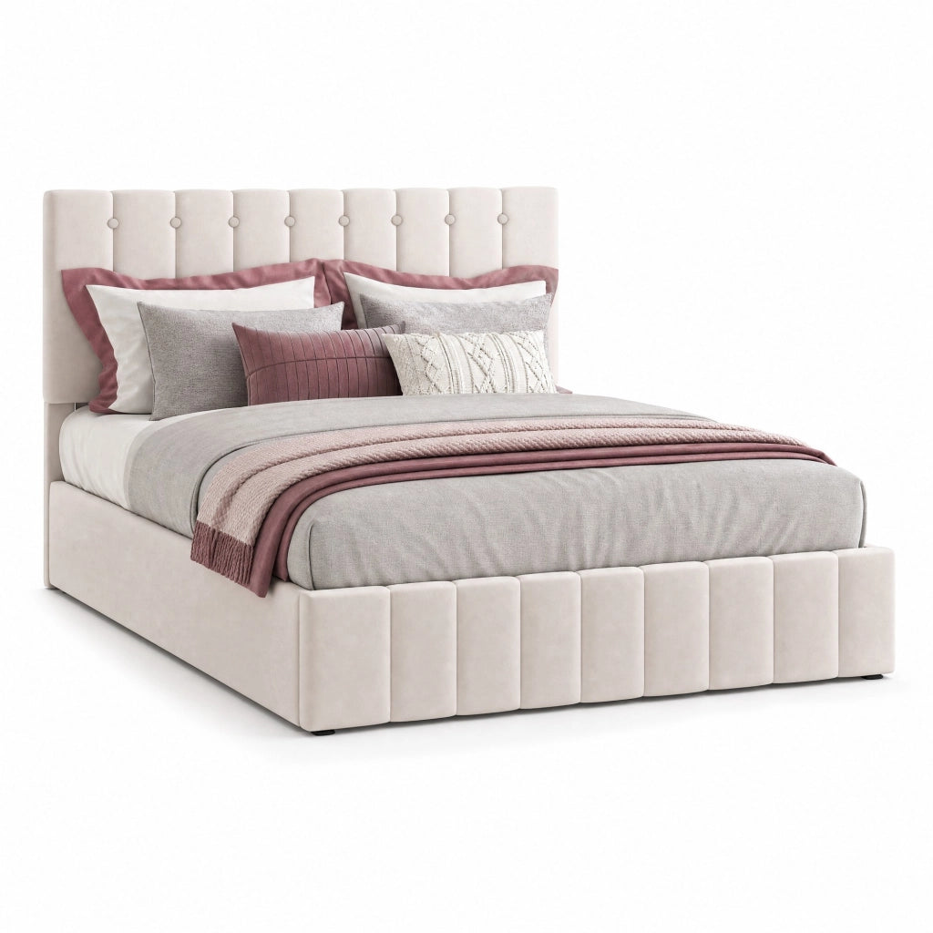 Letto matrimoniale imbottito 140x200 cm con contenitore idraulico; velluto crema