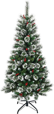Albero di Natale Innevato 150/180/210/240 cm, Albero di Natale Artificiale con Rami, Bacche Rosse e Base di Metallo, Decorazione Natalizia per Casa, Negozio e Ufficio (150 CM)