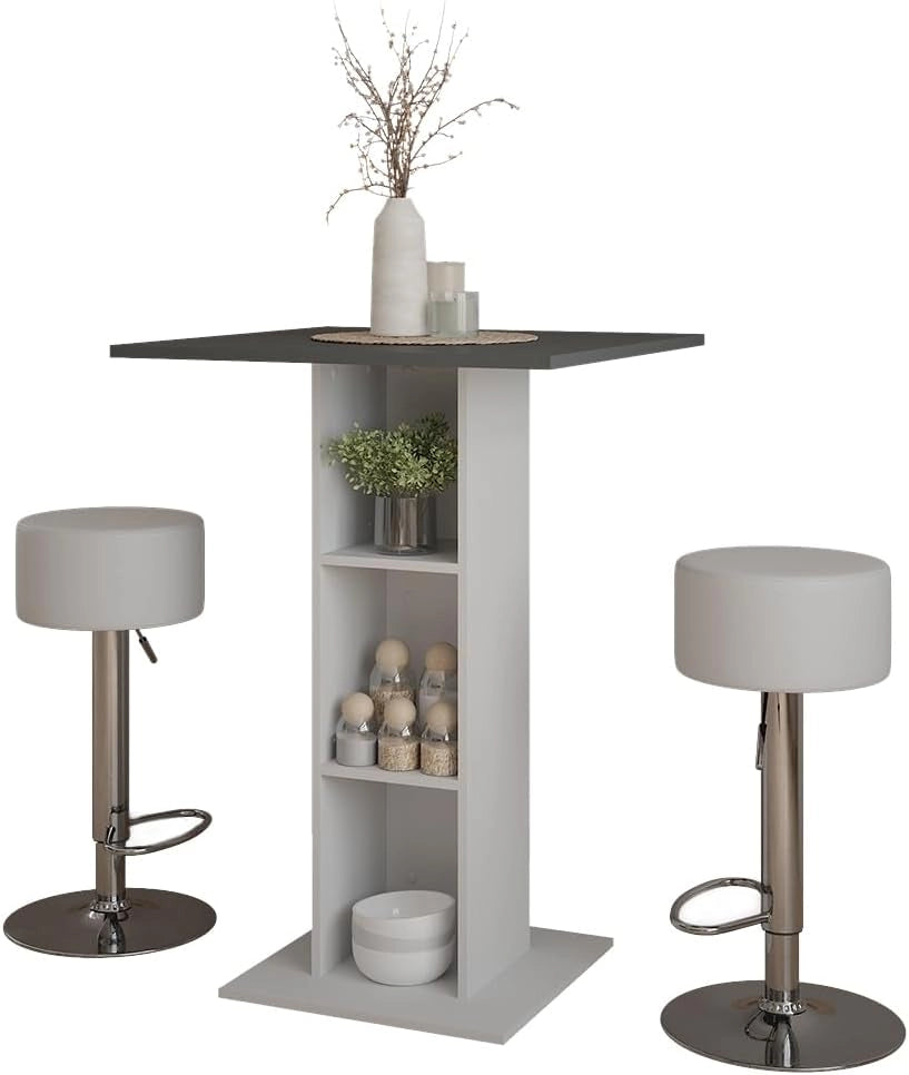 tavolo bar con sgabelli Repose, Antracite/bianco, 75 x 75 cm con 2 sgabelli da bar, per l'utilizzo come tavolo alto con ripiani regolabili in altezza