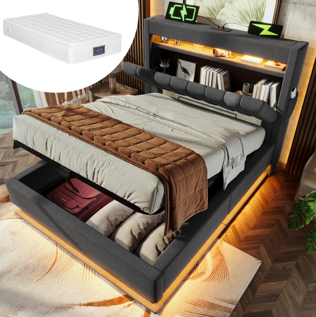 Letto 90x200 cm con LED; USB e Type-C; contenitore idraulico; lino grigio; con materasso