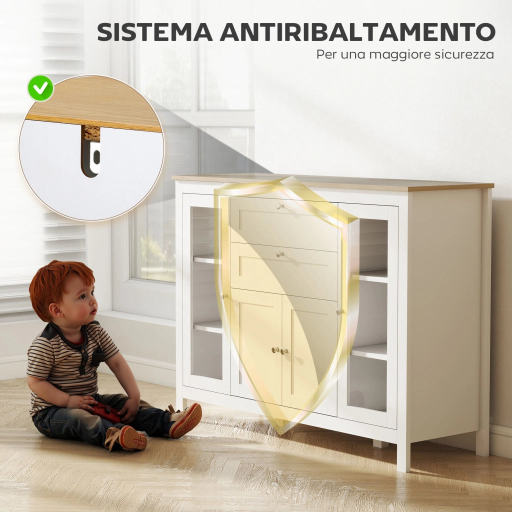 Mobile Cucina con 2 Cassetti e 3 Armadietti. Ante in Vetro e Ripiani Regolabili. 120x40x90 cm. Bianco e Rovere