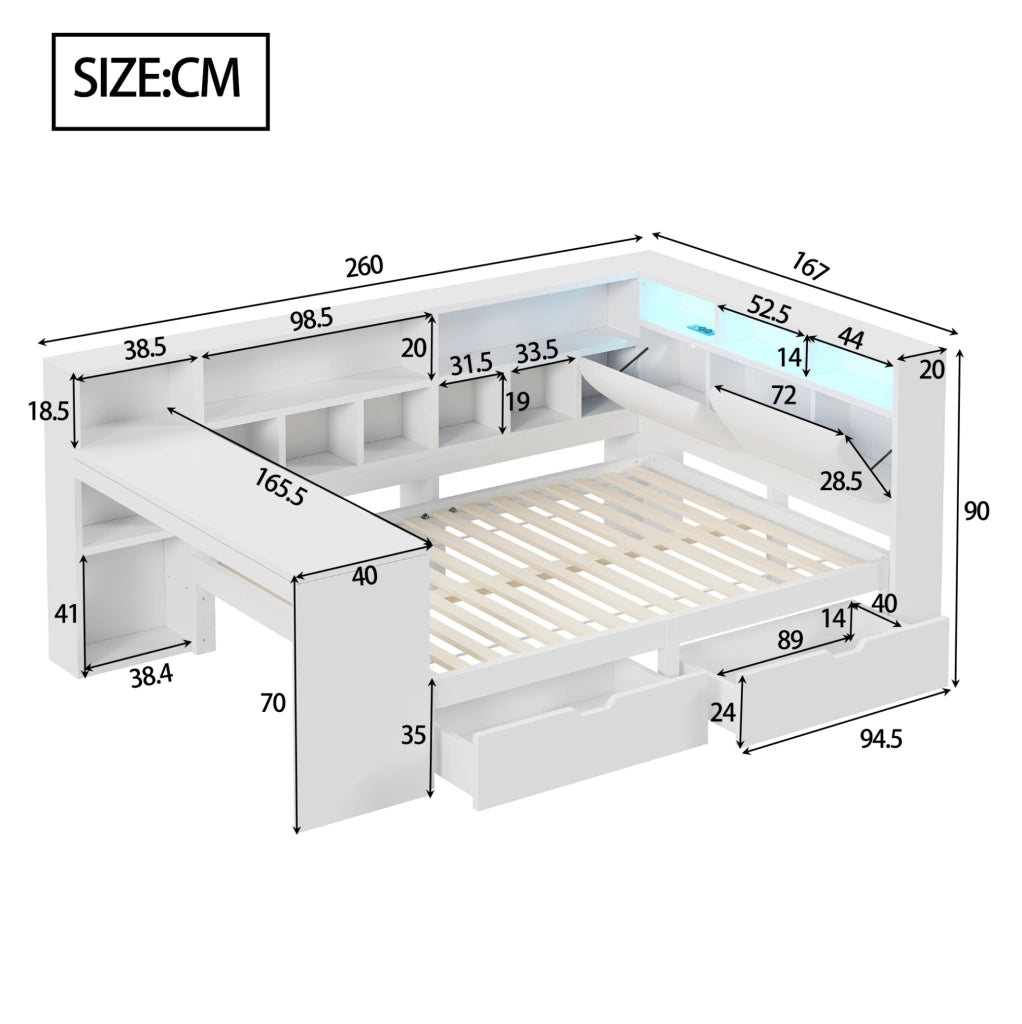 Letto angolare 140x200 bianco con scrivania, libreria, LED e cassetti