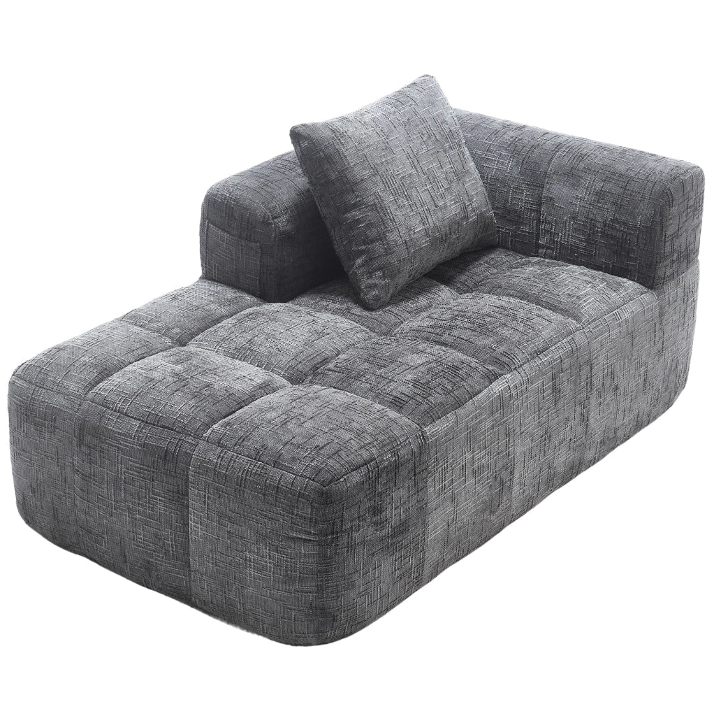 Divano chaise longue in ciniglia grigio con cuscino e tasche laterali per relax confortevole