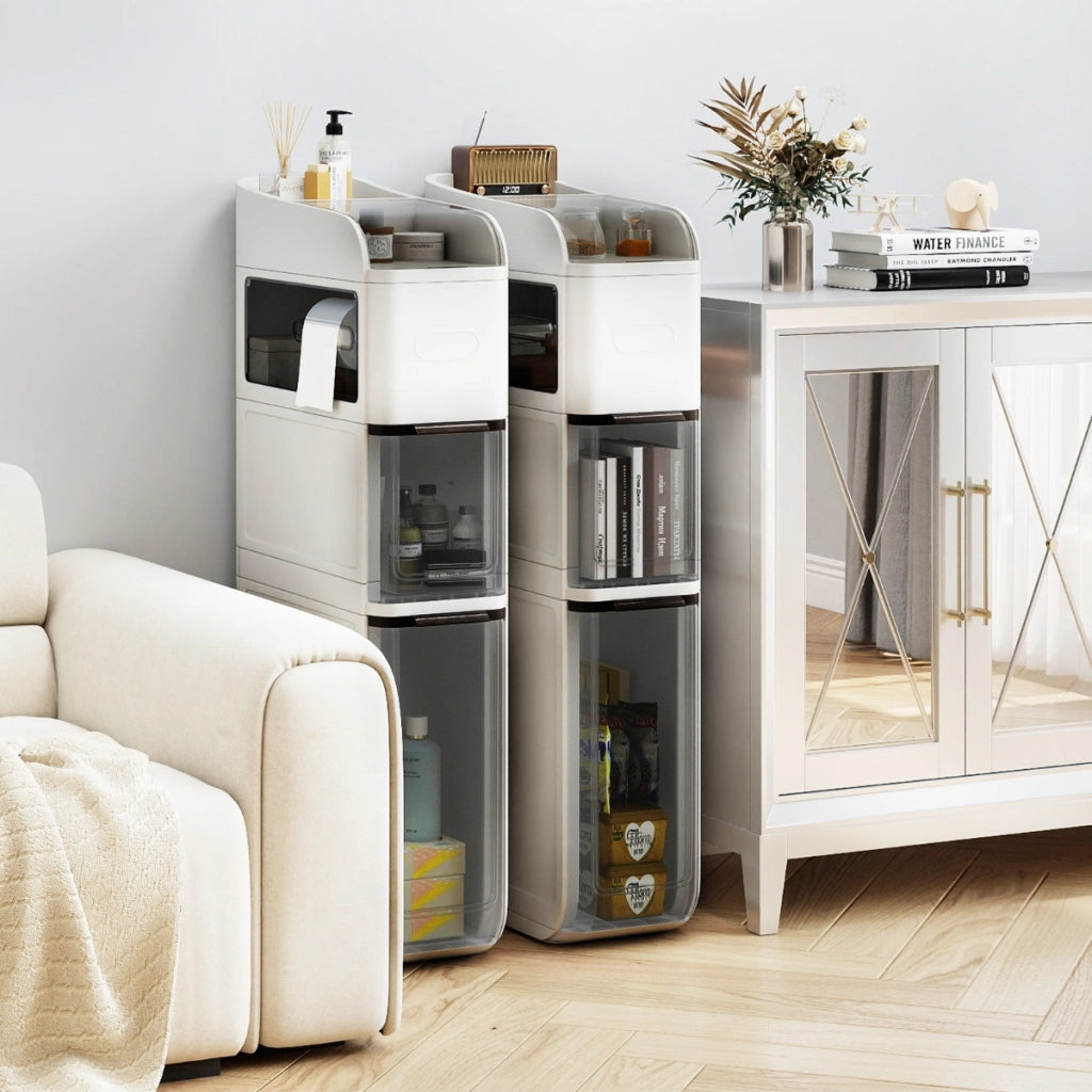 Mobiletto da bagno organizzatore 18 cm con 2 cassetti, Mobiletto da bagno portafazzoletti ripiano superiore Bianco-Armadietti da bagno