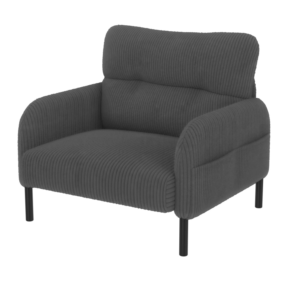 Poltrona singola in corduroy grigio con tasca laterale; 67 x 75 x 79 cm