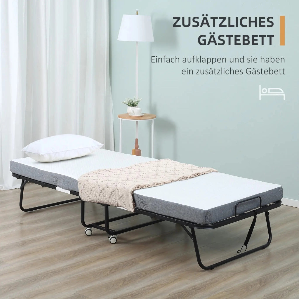 Letto per ospiti, letto pieghevole con ruote, acciaio e schiuma, bianco e nero, 200x75x42,5 cm