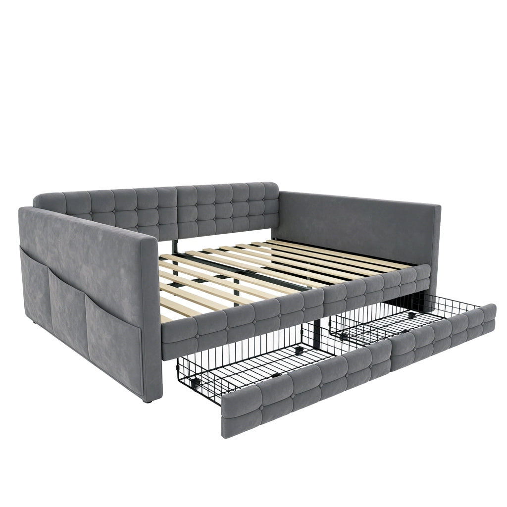 Letto imbottito contenitore 140x190, velluto grigio, testiera a quadri, 2 cassetti e tasche laterali