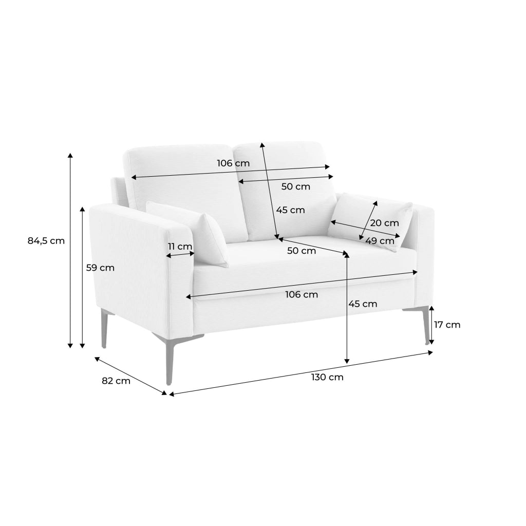 Divano in velluto a coste con gambe in metallo, 2 posti, beige grigio