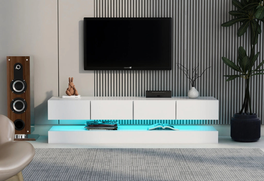 Mobile TV sospeso LED in MDF bianco con 4 cassetti, 2 vani e controllo Bluetooth da app