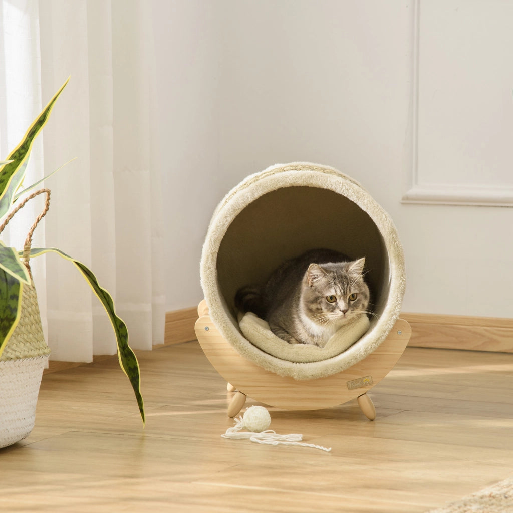 Tiragraffi per gatti con grotta, cuscino e area graffio integrata, design rialzato in legno khaki per interni