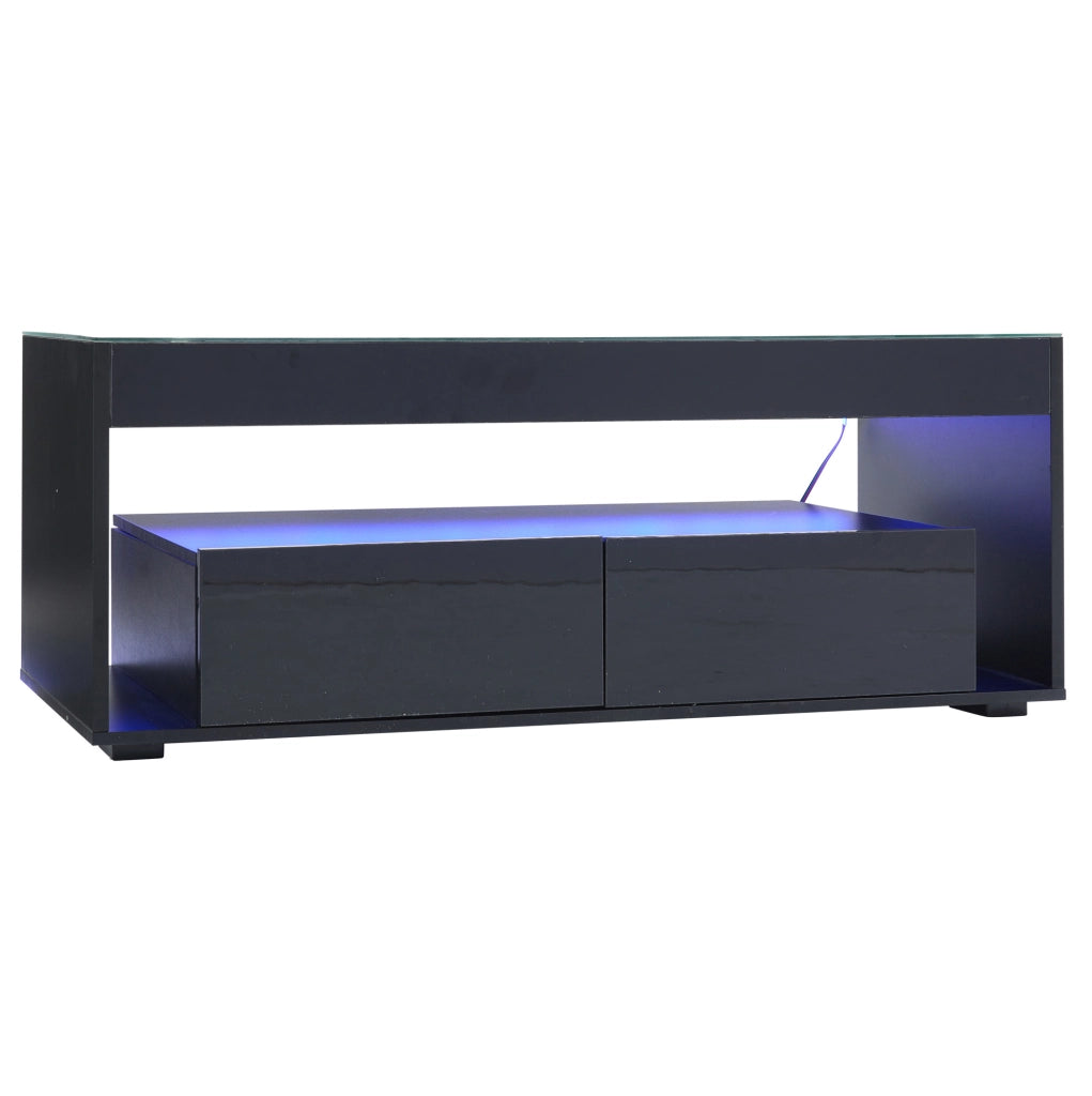Tavolino da caffè moderno con LED; 100 x 50 x 40 cm; in truciolare e vetro temperato nero