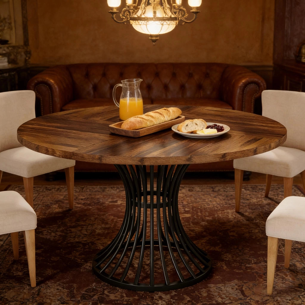Tavolo da pranzo rotondo per 6 persone con base a clessidra e piedini regolabili in MDF e metallo nero