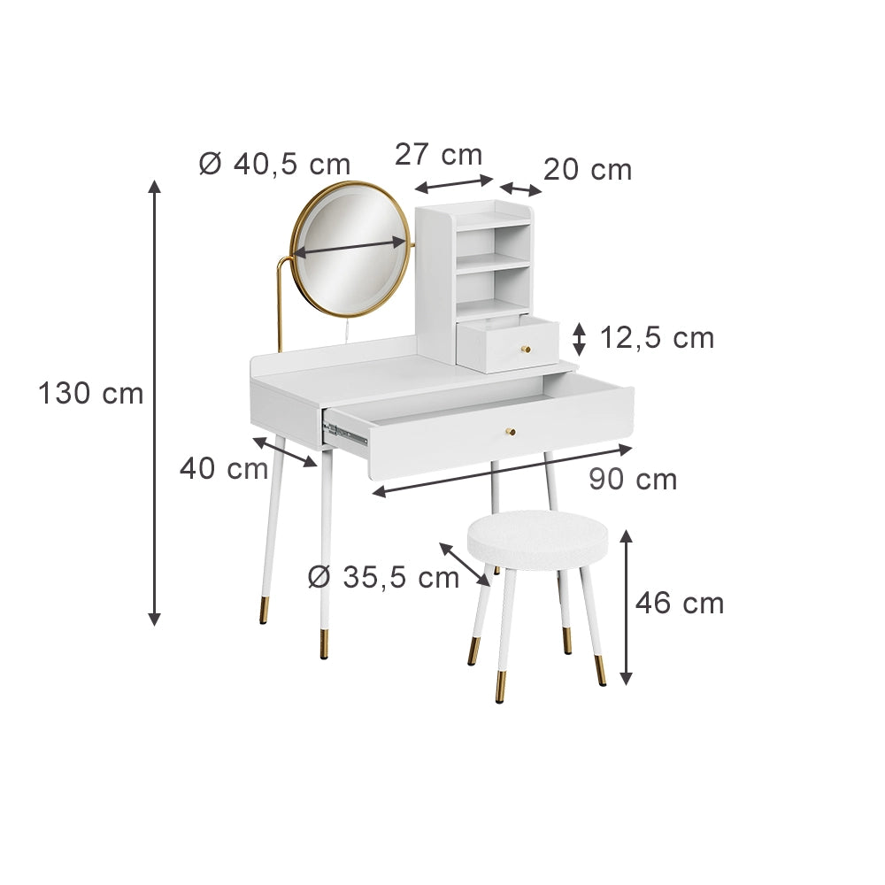Vicco Tavolo da toeletta Bianco 90 cm con specchio LED e sgabello