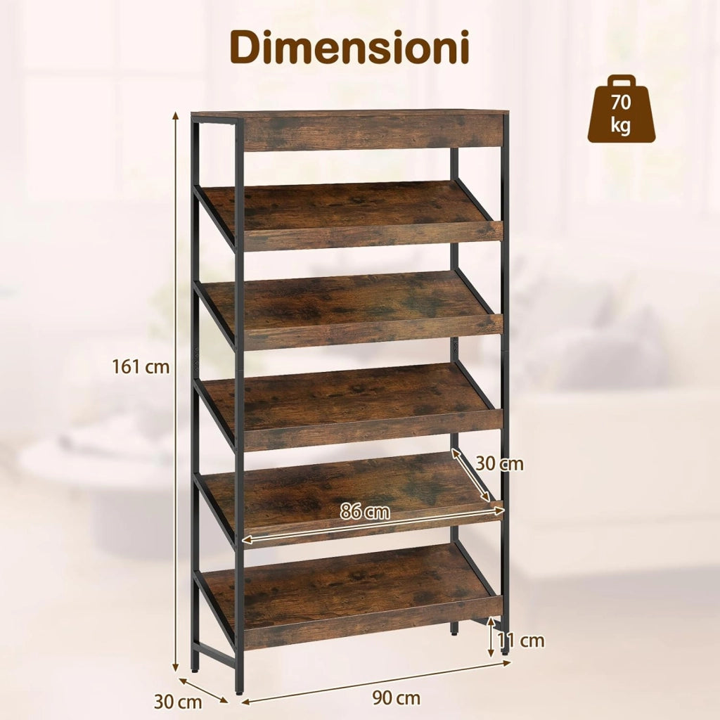 Libreria a 6 Ripiani, Scaffale Inclinato con Struttura Metallica, Porta Giornali Industriale in Legno, Organizer per Soggiorno Camera da Letto Studio, 90x30x161 cm (Marrone)