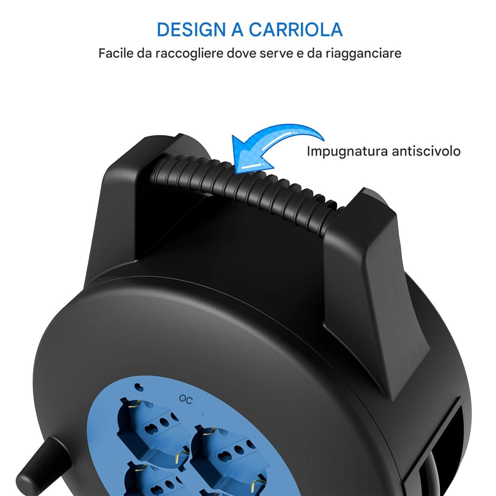 Avvolgicavo Multipresa 12 Metri con Interruttore di Protezione Prolunga e 4 Prese Nero e Blu