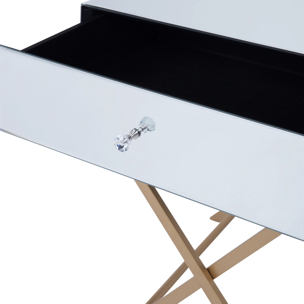 Tavolino Argento Specchio Top Gambe in Metallo dorato 50 x 40 cm Stile Glam Moderno con 1 Cassetto
