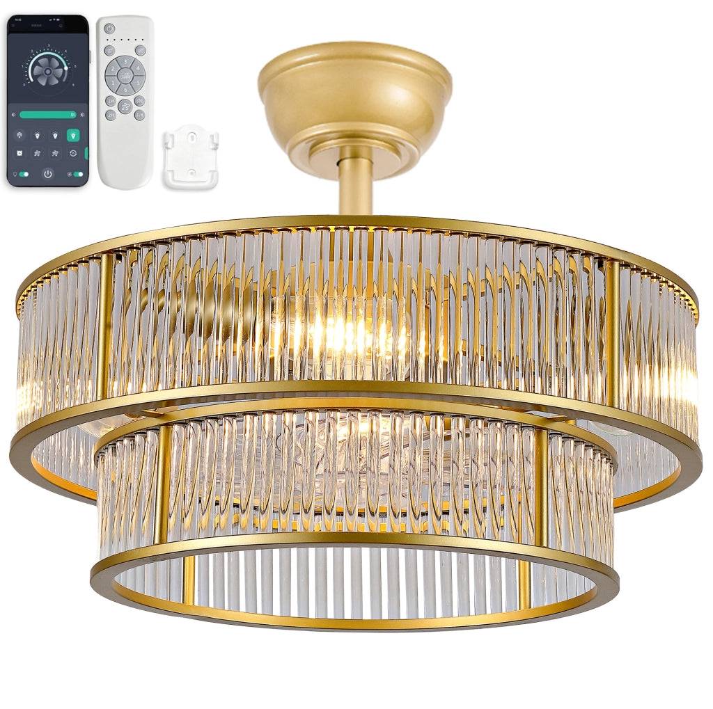 Ventilatore da soffitto con luce 19 pollici; controllo App e telecomando; oro; ABS e vetro