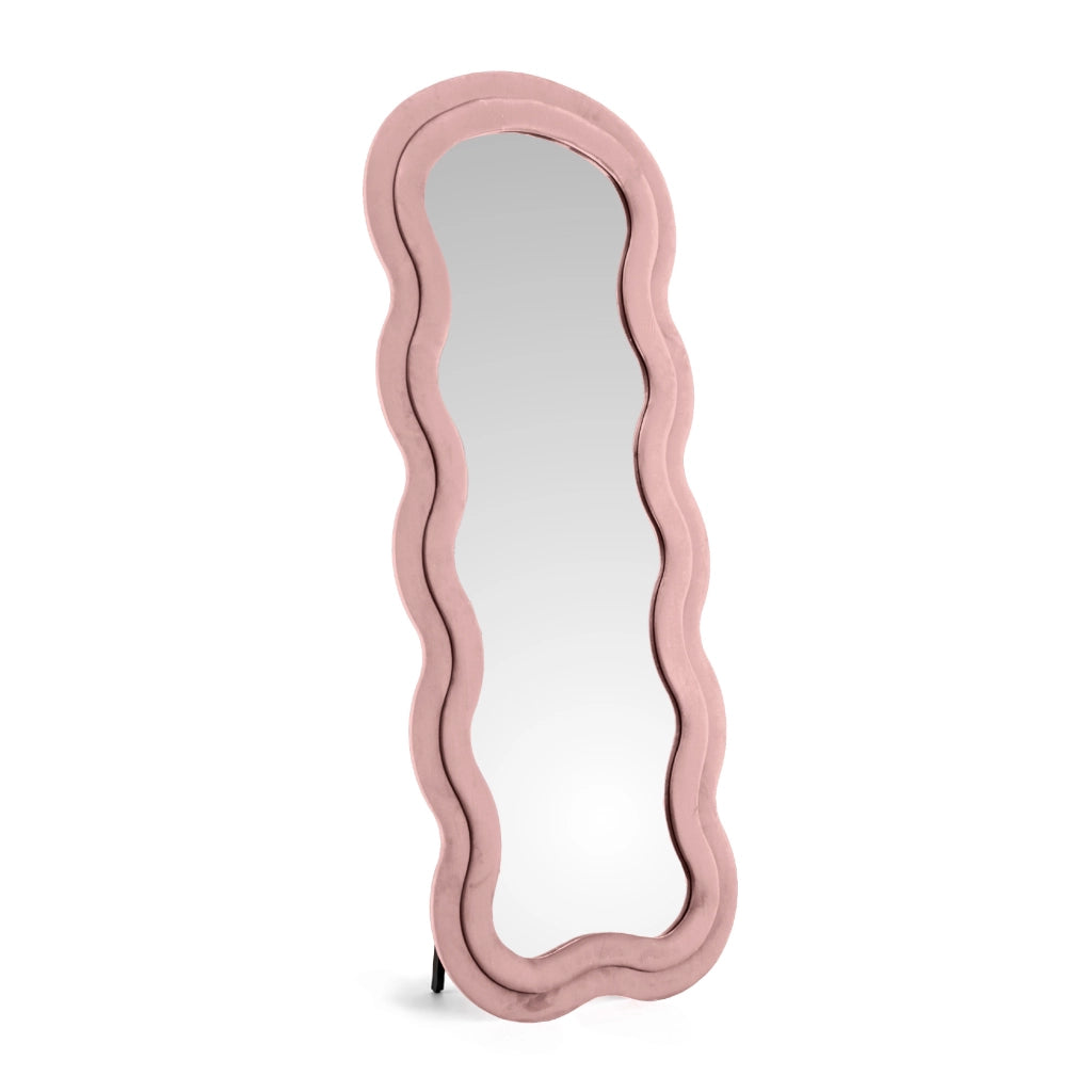 Specchiera da Terra 170x70 cm Design Ondulato Rivestita in Velluto con Supporto in Metallo Specchio Figura Intera Moderno per Camera da Letto Soggiorno Cabina Armadio Rosa