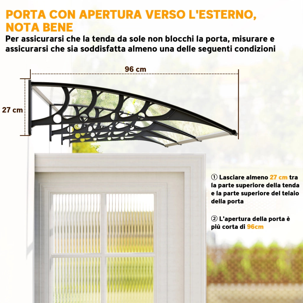 Tettoia in Policarbonato e Alluminio per Balconi, Finestre e Porte, 303x96x27 cm, Nero e Trasparente