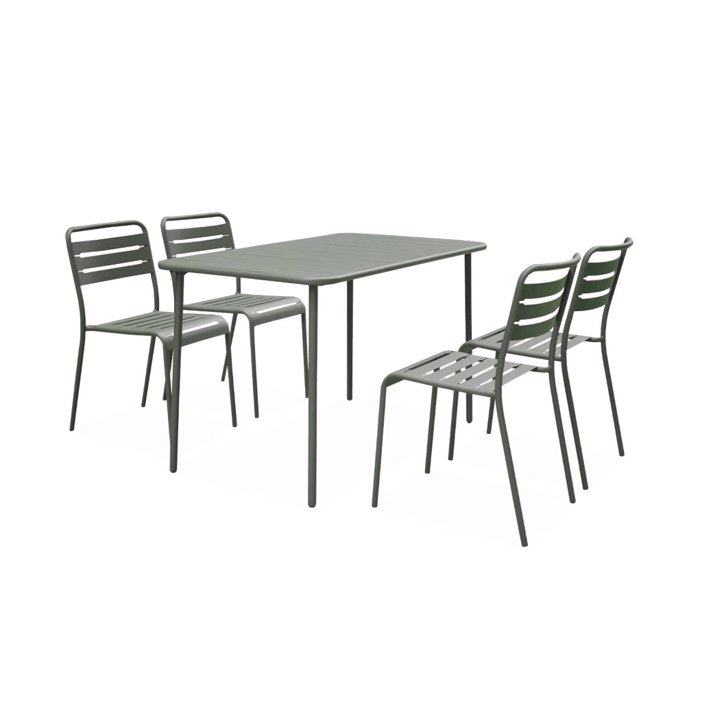Set tavolo da giardino in acciaio con 4 sedie, 120cm, verde kaki
