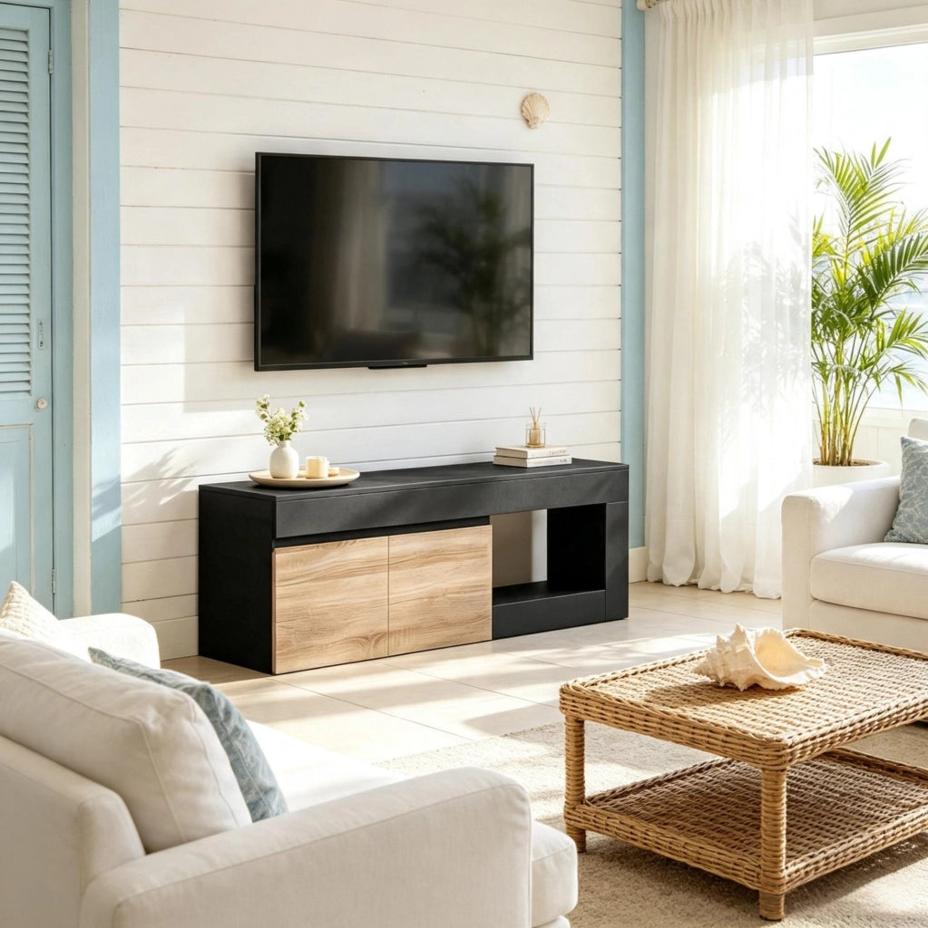 Mobile TV nero e legno naturale 140 cm con 2 ante e vano aperto