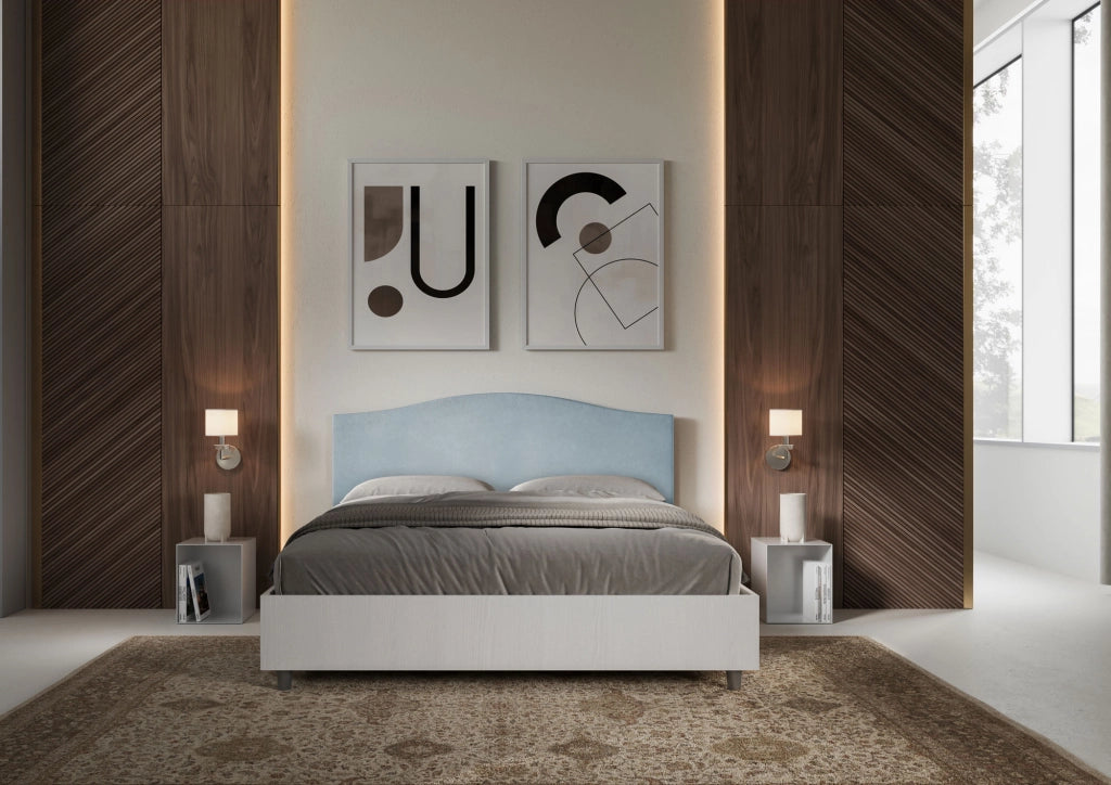 BS COM Letto matrimoniale senza rete 160x190 bianco frassino testata microfibra azzurro