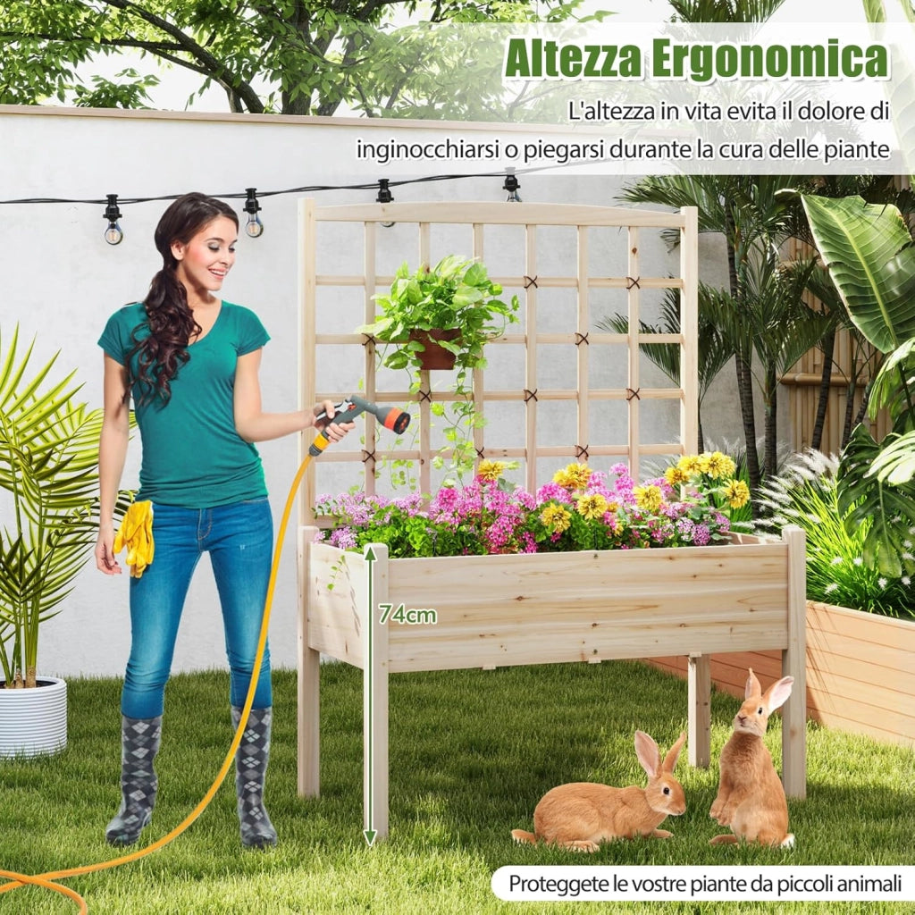 Letto da Giardino Elevato con Traliccio per Rampicanti, Fori di Drenaggio, Fioriera Rialzata in Legno con Grigliato e Piedi per Rampicanti, Fiori, Erbe, Verdure, Frutta, Balcone, Carico 80 kg