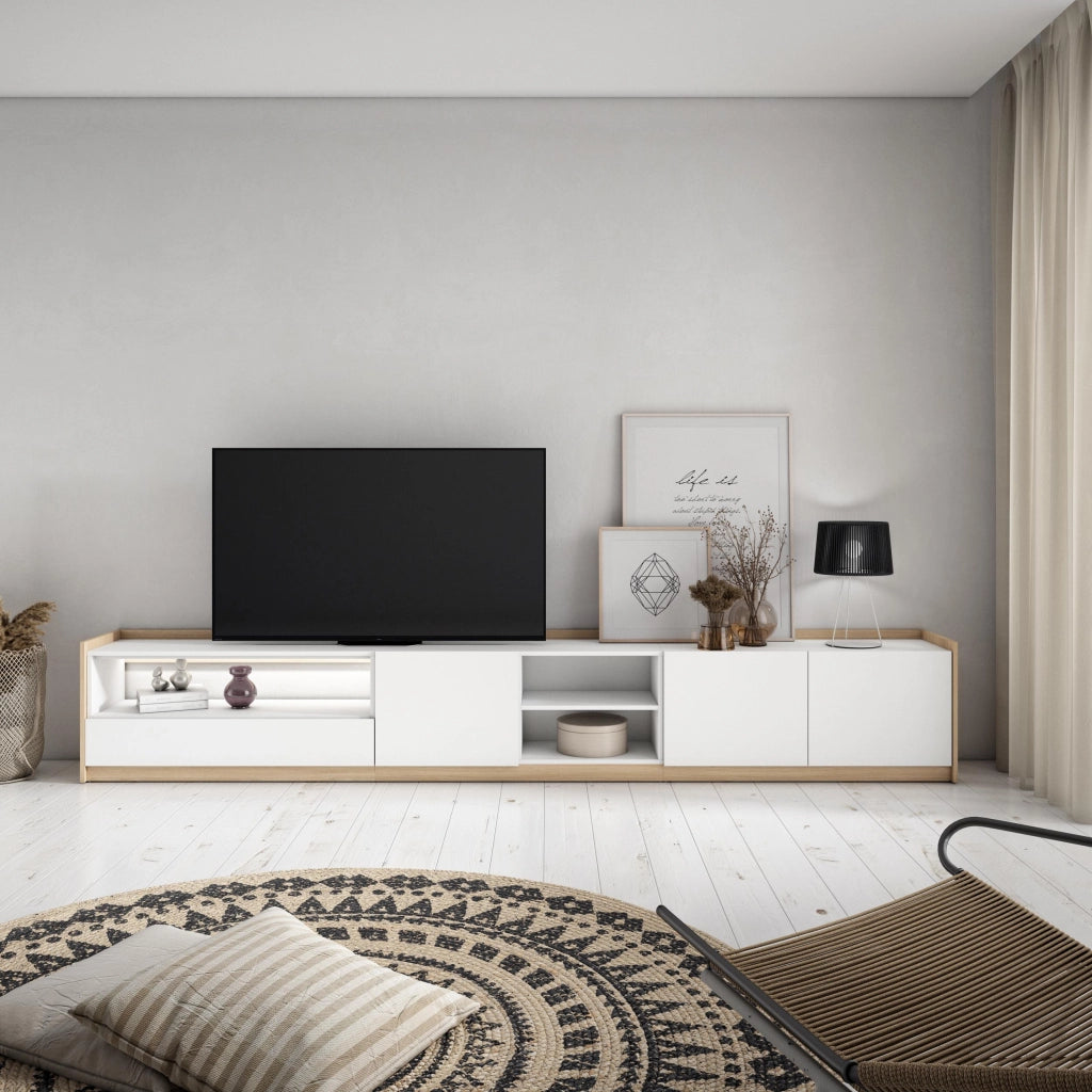 Mobile TV Soggiorno, 310x50x37 cm, Per TV fino a 80", LED, Bianco e Rovere soft
