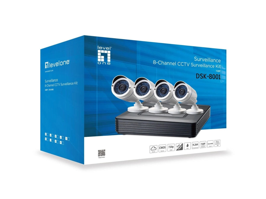 LevelOne DSK-8001 Kit Videosorveglianza Cablato 8 Canali DVR 4 Telecamere Bullet IP66 Visione Notturna 30 m H.264 HDD 6 TB colore Nero Bianco