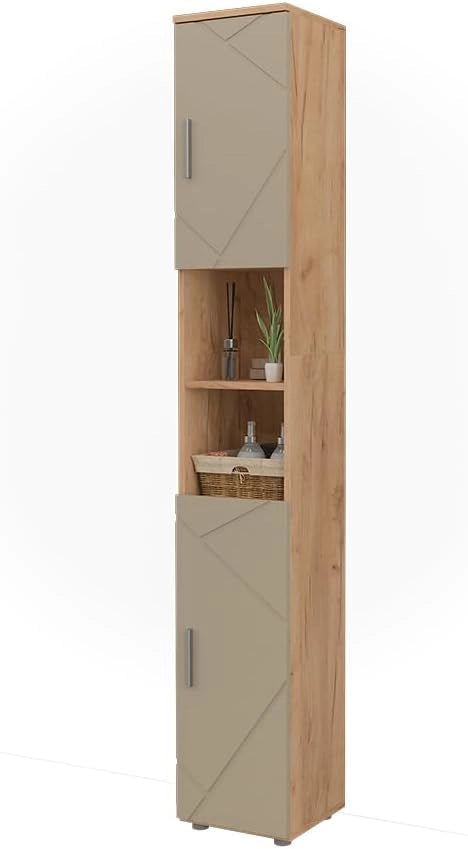 Armadio per il bagno Irma, Beige, 30 x 192 cm, adatto per la conservazione di articoli da bagno e asciugamani