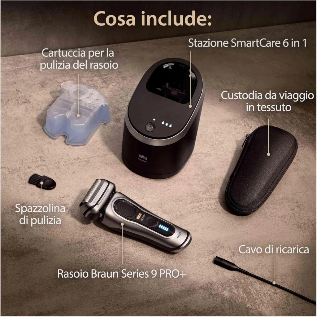 Braun Series 9 PRO+, Rasoio Elettrico, Regolabarba Uomo, Rifinitore di precisione, Custodia Viaggio, Lame Flessibili, SmartCare, Impermeabile, Batteria Litio Ion, Idea Regalo, Serie 9567cc Argento