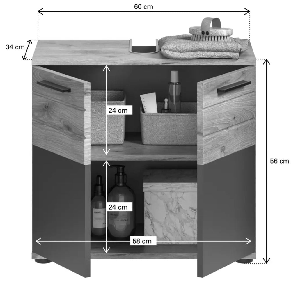 Set bagno: mobile sottolavabo + mobiletto di stoccaggio con specchi – Grigio antracite e rovere chiaro – SELMA