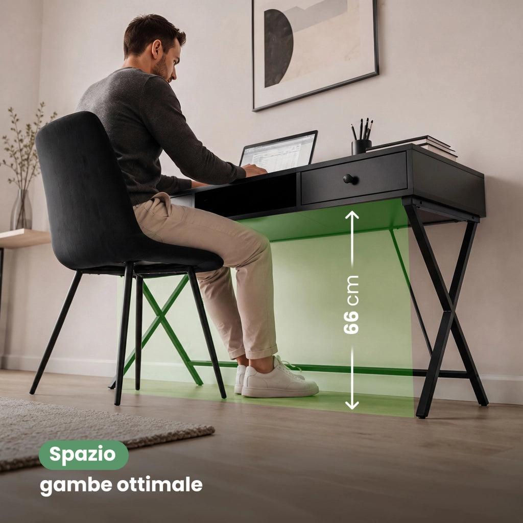 Scrivania PC industriale Nero CROSSLINE 120 cm 2 cassetti 1 ripiano gambe nere