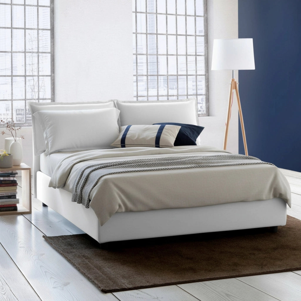 Letto matrimoniale Arden, Letto contenitore con rivestimento in tessuto, Made in Italy, Apertura frontale, con materasso cm 140x190 incluso, Bianco