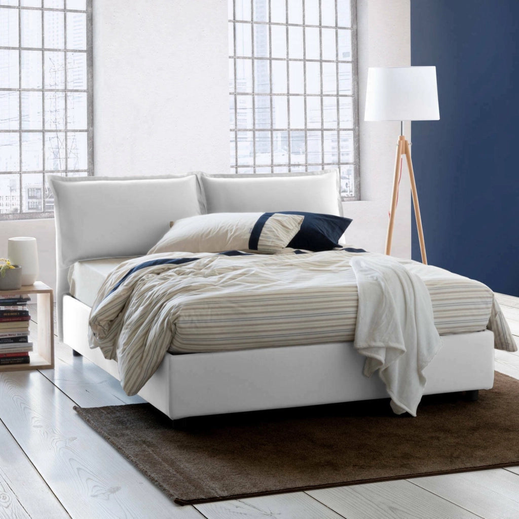 Letto matrimoniale Arden, Letto contenitore con rivestimento in tessuto, Made in Italy, Apertura frontale, con materasso cm 140x190 incluso, Bianco