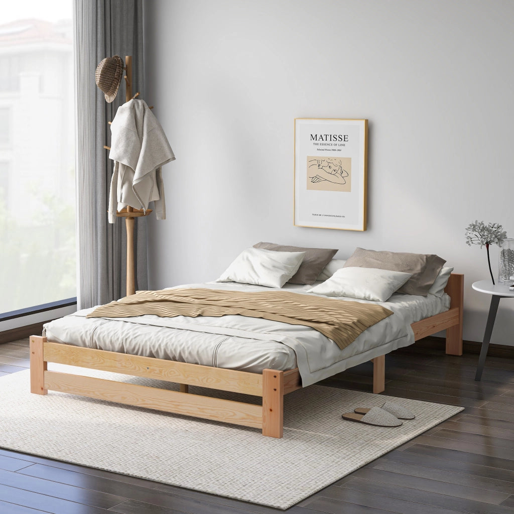 OKWISH Letto Singolo 140×200 cm con Testiera e Rete a Doghe, senza Materasso, in Legno Massello, Naturale