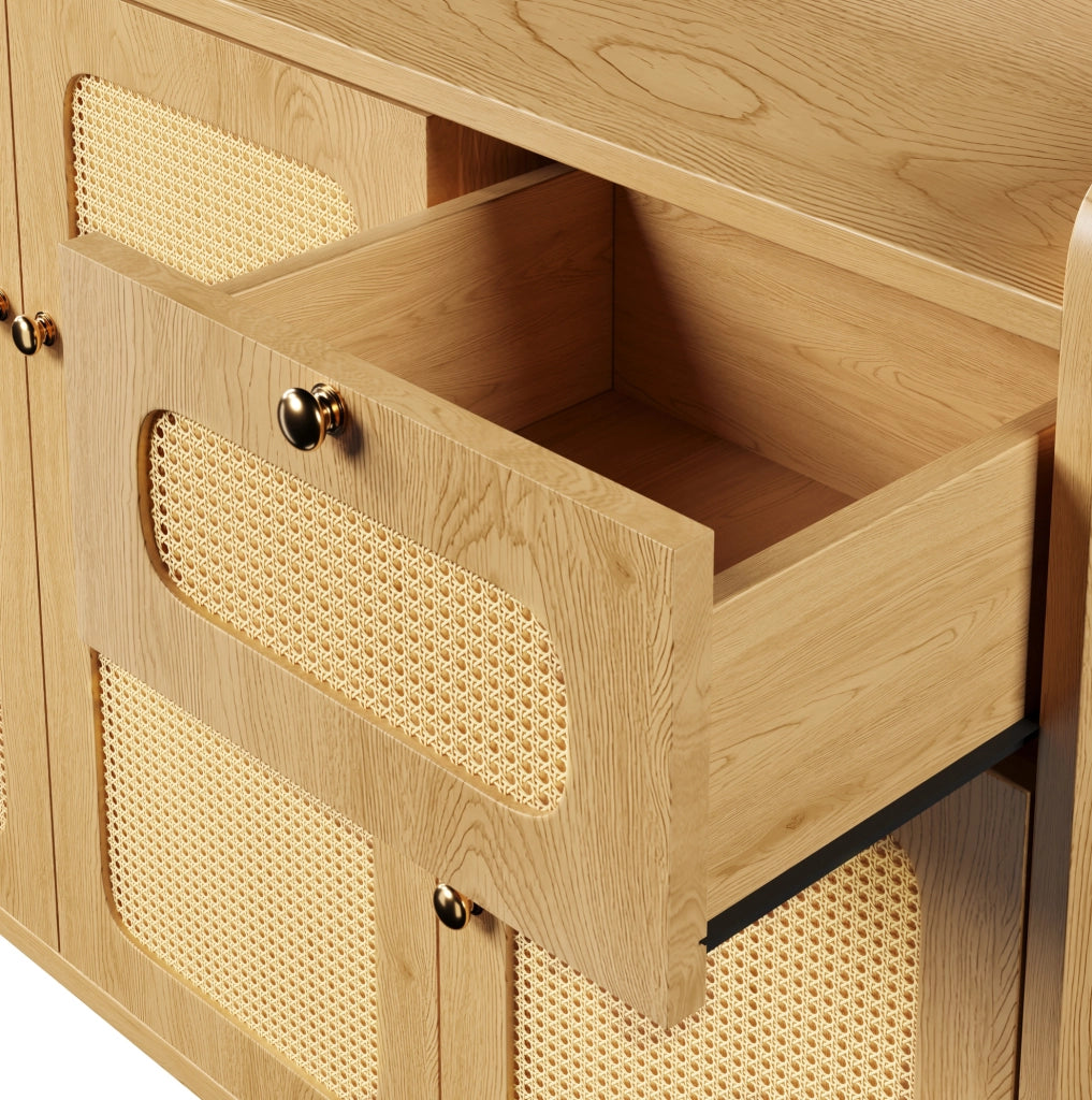 Credenza con fronti effetto rattan 120x40x91 cm in MDF colore rovere; con 3 ante e 1 cassetto